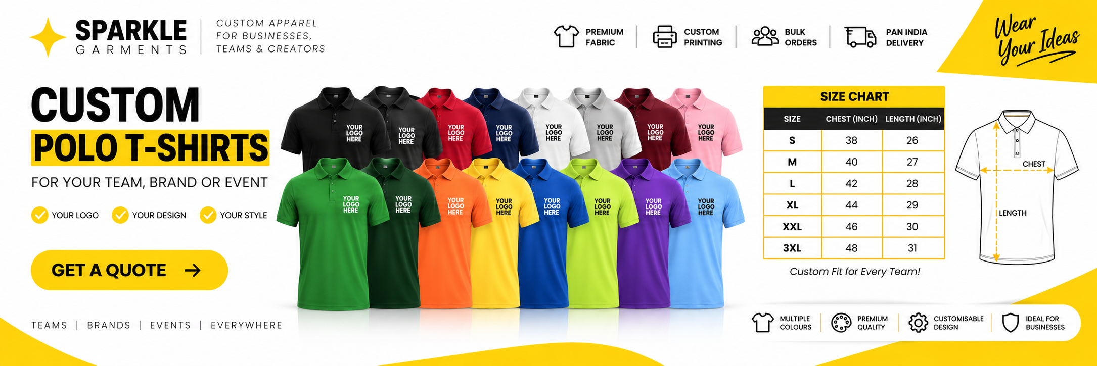 Custom Polo T-Shirts Specifications and Size Guide